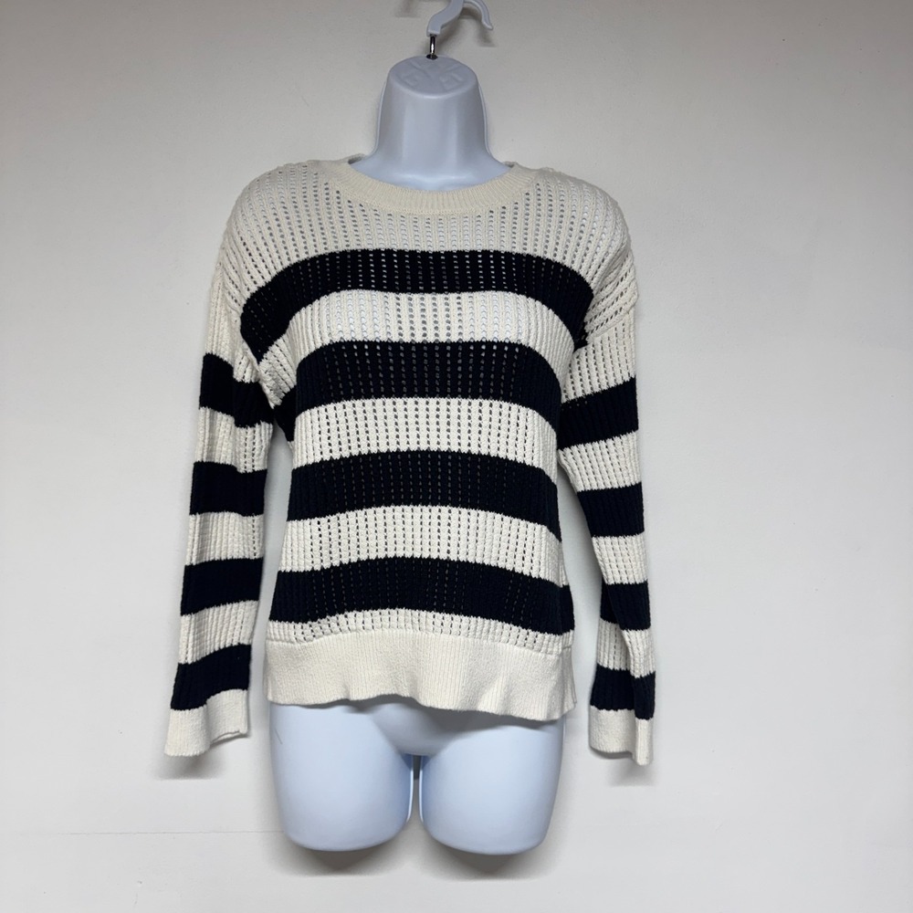 Loft Sweater Size S Open Knit Long Sleeves Striped Crew Neck 100% Cotton